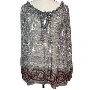 Woman's‎ Tunic Pullover Sheer Ruffle Gray, White Maroon Keyhole Tie Front Blouse